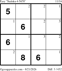 The grouppuzzles.com Easy Sudoku-4-5678 puzzle for Friday August 21, 2026 with the first 3 steps marked