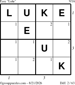 The grouppuzzles.com Easy Luke puzzle for Friday August 21, 2026, suitable for printing, with all 2 steps marked