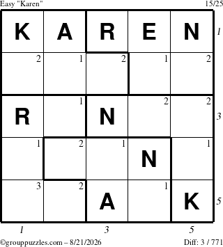 The grouppuzzles.com Easy Karen puzzle for Friday August 21, 2026 with all 3 steps marked