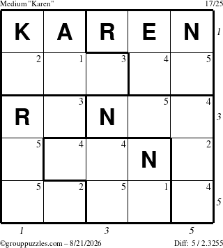 The grouppuzzles.com Medium Karen puzzle for Friday August 21, 2026, suitable for printing, with all 5 steps marked