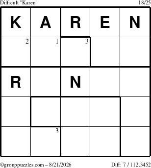 The grouppuzzles.com Difficult Karen puzzle for Friday August 21, 2026 with the first 3 steps marked