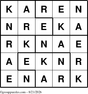 The grouppuzzles.com Answer grid for the Karen puzzle for Friday August 21, 2026
