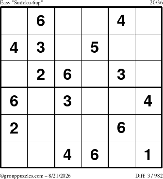 The grouppuzzles.com Easy Sudoku-6up puzzle for Friday August 21, 2026
