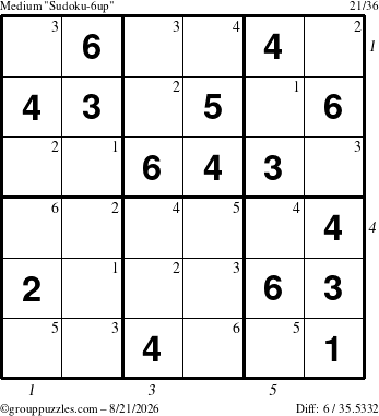 The grouppuzzles.com Medium Sudoku-6up puzzle for Friday August 21, 2026, suitable for printing, with all 6 steps marked