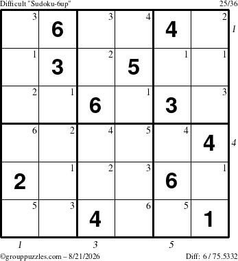 The grouppuzzles.com Difficult Sudoku-6up puzzle for Friday August 21, 2026 with all 6 steps marked