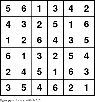 The grouppuzzles.com Answer grid for the Sudoku-6up puzzle for Friday August 21, 2026