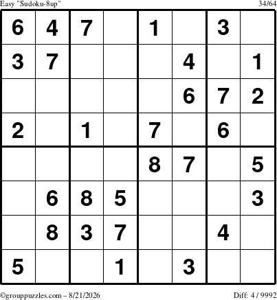 The grouppuzzles.com Easy Sudoku-8up puzzle for Friday August 21, 2026