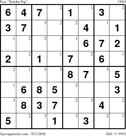 The grouppuzzles.com Easy Sudoku-8up puzzle for Friday August 21, 2026 with the first 3 steps marked