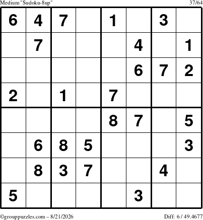 The grouppuzzles.com Medium Sudoku-8up puzzle for Friday August 21, 2026
