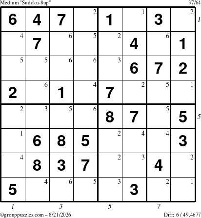The grouppuzzles.com Medium Sudoku-8up puzzle for Friday August 21, 2026 with all 6 steps marked