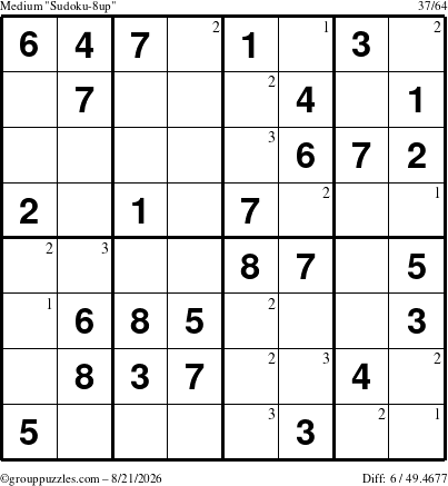 The grouppuzzles.com Medium Sudoku-8up puzzle for Friday August 21, 2026 with the first 3 steps marked