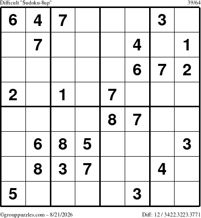 The grouppuzzles.com Difficult Sudoku-8up puzzle for Friday August 21, 2026