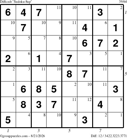 The grouppuzzles.com Difficult Sudoku-8up puzzle for Friday August 21, 2026, suitable for printing, with all 12 steps marked