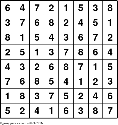 The grouppuzzles.com Answer grid for the Sudoku-8up puzzle for Friday August 21, 2026
