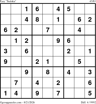 The grouppuzzles.com Easy Sudoku puzzle for Friday August 21, 2026