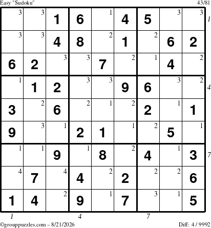 The grouppuzzles.com Easy Sudoku puzzle for Friday August 21, 2026 with all 4 steps marked