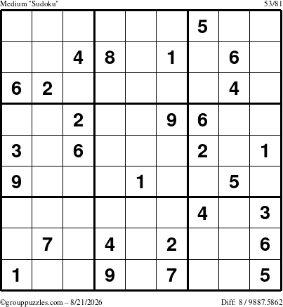 The grouppuzzles.com Medium Sudoku puzzle for Friday August 21, 2026