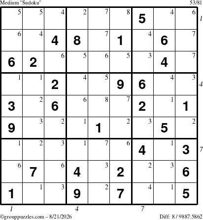 The grouppuzzles.com Medium Sudoku puzzle for Friday August 21, 2026, suitable for printing, with all 8 steps marked