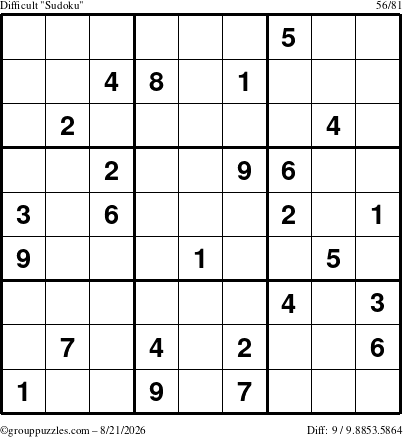 The grouppuzzles.com Difficult Sudoku puzzle for Friday August 21, 2026