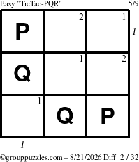 The grouppuzzles.com Easy TicTac-PQR puzzle for Friday August 21, 2026 with all 2 steps marked