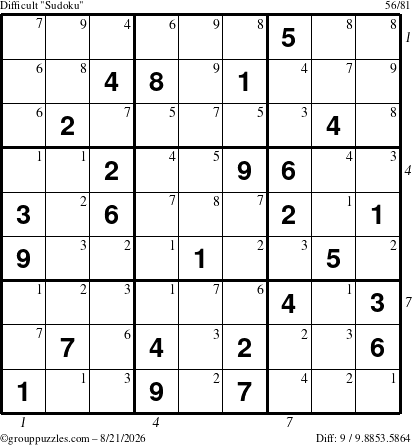 The grouppuzzles.com Difficult Sudoku puzzle for Friday August 21, 2026, suitable for printing, with all 9 steps marked