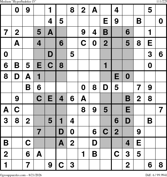 The grouppuzzles.com Medium HyperSudoku-15 puzzle for Friday August 21, 2026