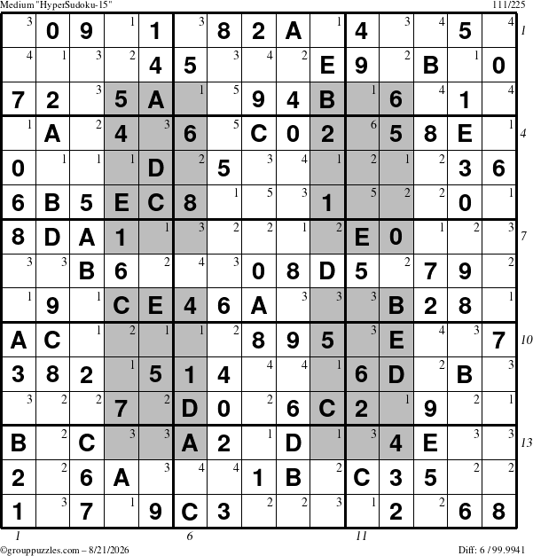 The grouppuzzles.com Medium HyperSudoku-15 puzzle for Friday August 21, 2026 with all 6 steps marked