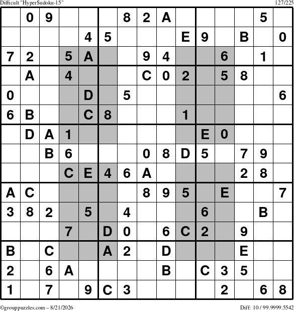 The grouppuzzles.com Difficult HyperSudoku-15 puzzle for Friday August 21, 2026