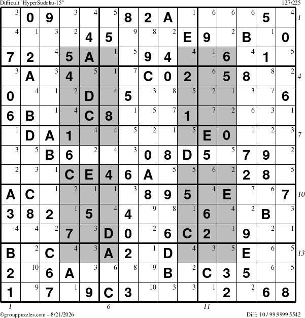 The grouppuzzles.com Difficult HyperSudoku-15 puzzle for Friday August 21, 2026, suitable for printing, with all 10 steps marked