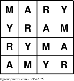 The grouppuzzles.com Answer grid for the Mary puzzle for Wednesday March 19, 2025