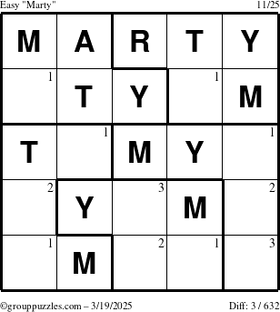 The grouppuzzles.com Easy Marty puzzle for Wednesday March 19, 2025 with the first 3 steps marked