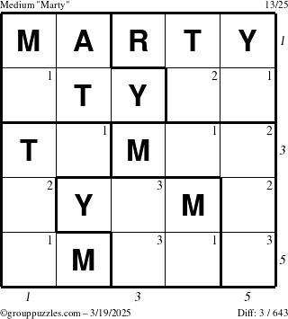 The grouppuzzles.com Medium Marty puzzle for Wednesday March 19, 2025 with all 3 steps marked