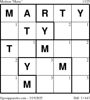 The grouppuzzles.com Medium Marty puzzle for Wednesday March 19, 2025 with the first 3 steps marked