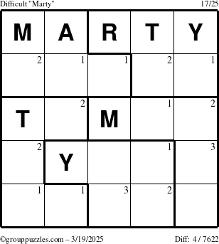 The grouppuzzles.com Difficult Marty puzzle for Wednesday March 19, 2025 with the first 3 steps marked
