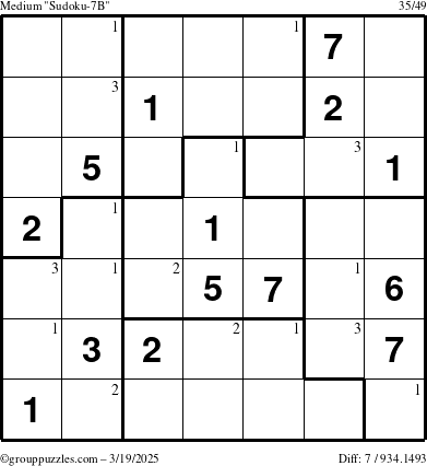 The grouppuzzles.com Medium Sudoku-7B puzzle for Wednesday March 19, 2025 with the first 3 steps marked