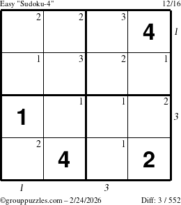 The grouppuzzles.com Easy Sudoku-4 puzzle for Tuesday February 24, 2026, suitable for printing, with all 3 steps marked