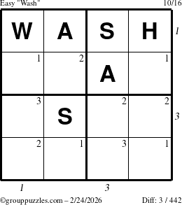 The grouppuzzles.com Easy Wash puzzle for Tuesday February 24, 2026 with all 3 steps marked