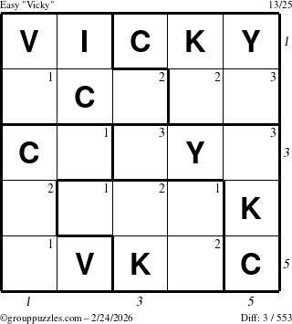 The grouppuzzles.com Easy Vicky puzzle for Tuesday February 24, 2026 with all 3 steps marked