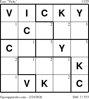 The grouppuzzles.com Easy Vicky puzzle for Tuesday February 24, 2026 with the first 3 steps marked