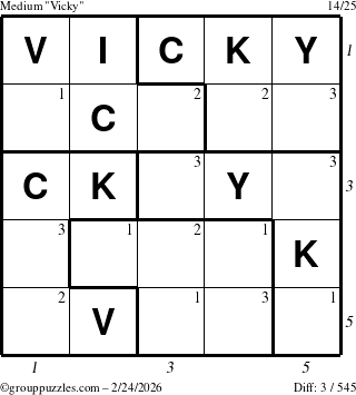 The grouppuzzles.com Medium Vicky puzzle for Tuesday February 24, 2026, suitable for printing, with all 3 steps marked