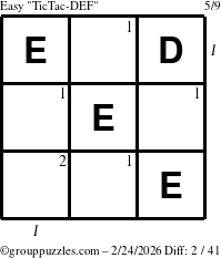 The grouppuzzles.com Easy TicTac-DEF puzzle for Tuesday February 24, 2026, suitable for printing, with all 2 steps marked