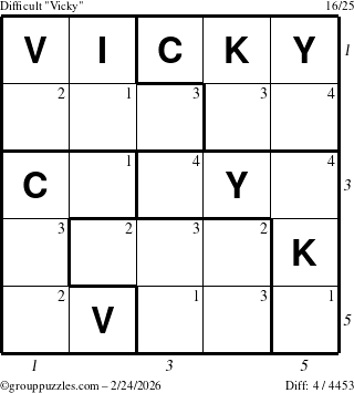 The grouppuzzles.com Difficult Vicky puzzle for Tuesday February 24, 2026 with all 4 steps marked