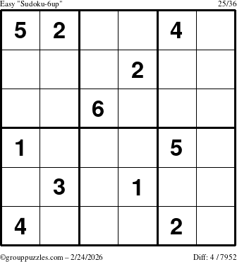 The grouppuzzles.com Easy Sudoku-6up puzzle for Tuesday February 24, 2026