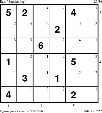 The grouppuzzles.com Easy Sudoku-6up puzzle for Tuesday February 24, 2026, suitable for printing, with all 4 steps marked