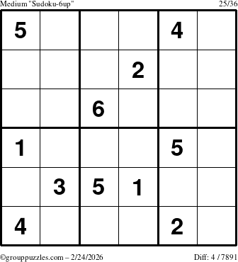 The grouppuzzles.com Medium Sudoku-6up puzzle for Tuesday February 24, 2026