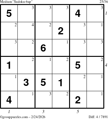 The grouppuzzles.com Medium Sudoku-6up puzzle for Tuesday February 24, 2026 with all 4 steps marked