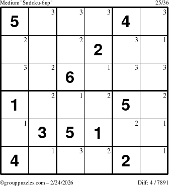 The grouppuzzles.com Medium Sudoku-6up puzzle for Tuesday February 24, 2026 with the first 3 steps marked