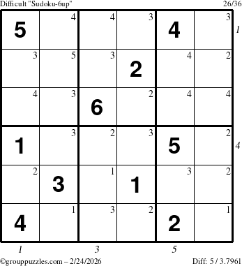 The grouppuzzles.com Difficult Sudoku-6up puzzle for Tuesday February 24, 2026 with all 5 steps marked