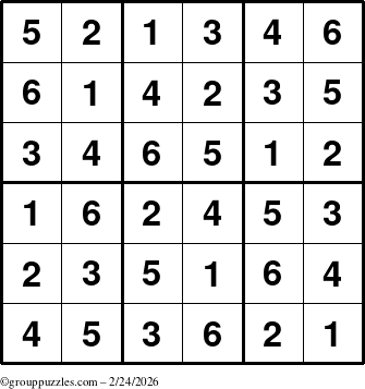 The grouppuzzles.com Answer grid for the Sudoku-6up puzzle for Tuesday February 24, 2026
