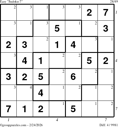 The grouppuzzles.com Easy Sudoku-7 puzzle for Tuesday February 24, 2026 with all 4 steps marked